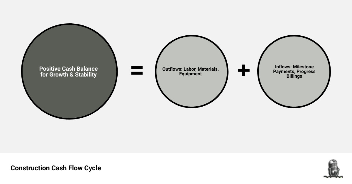 Construction cash flow cycle infographic from bidding through closeout showing cash inflows and outflows by project phase Construction cash flow cycle infographic from bidding through closeout showing cash inflows and outflows by project phase