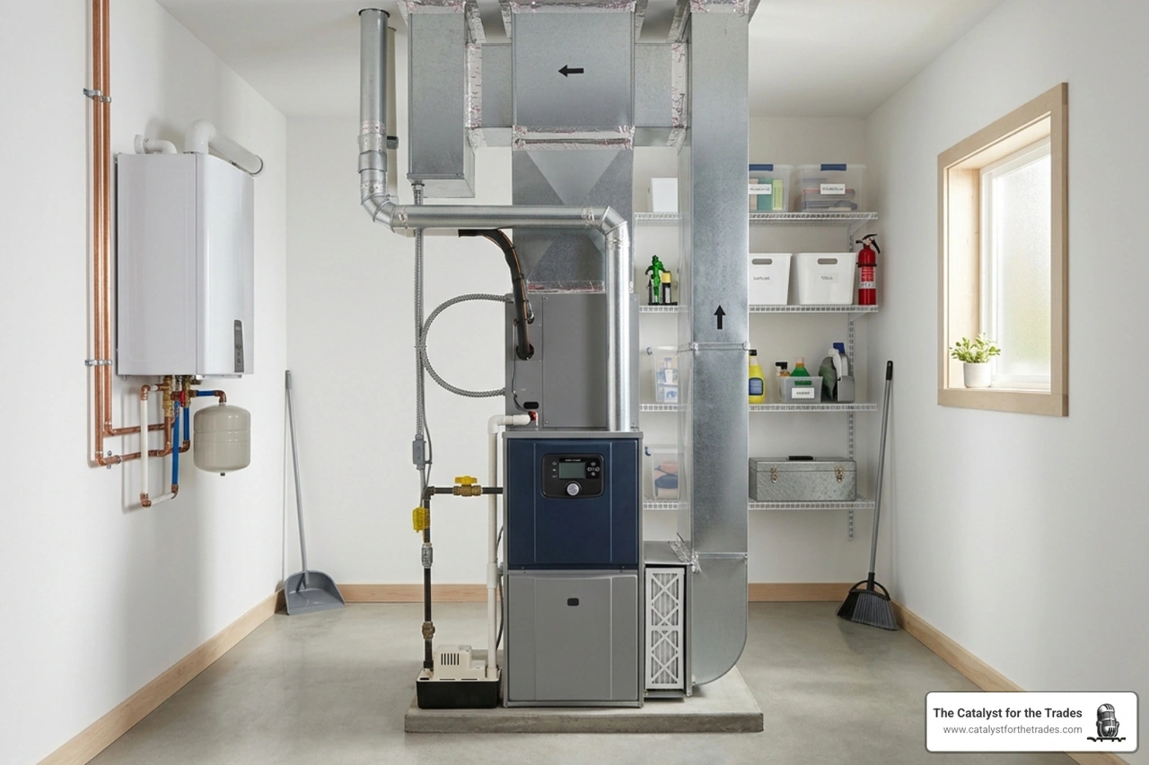 A modern, high-efficiency HVAC unit installed in a clean utility room - upselling hvac services A modern, high-efficiency HVAC unit installed in a clean utility room - upselling hvac services