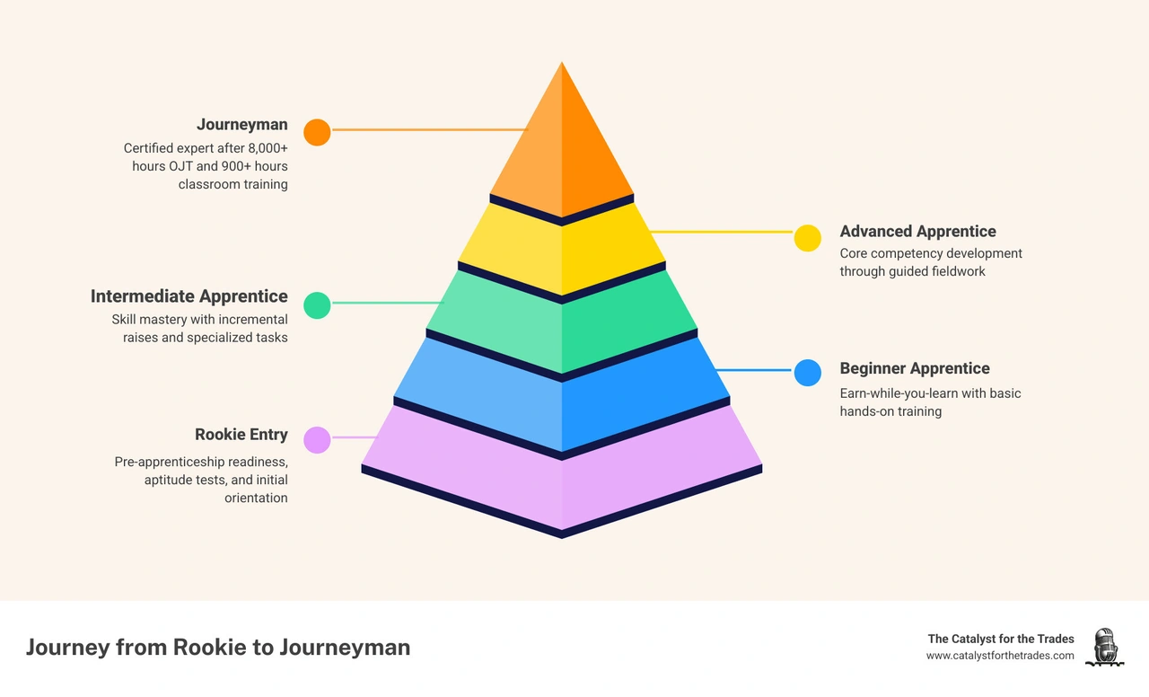 Infographic showing the journey from rookie to journeyman in trade training programs - training programs for trade employees