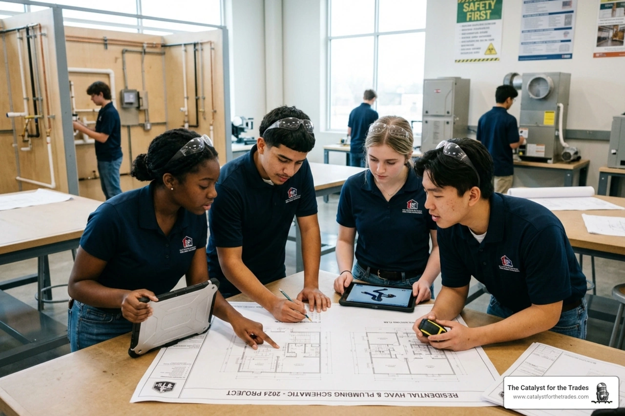 Trade students in a high-tech classroom learning technical blueprints - training programs for trade employees
