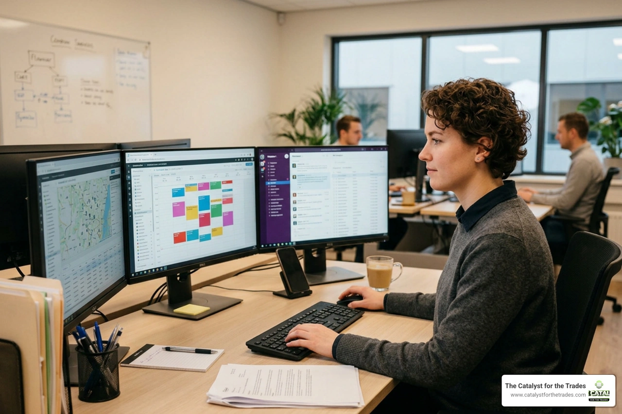 A service dispatcher using smart scheduling software in a modern field office A service dispatcher using smart scheduling software in a modern field office