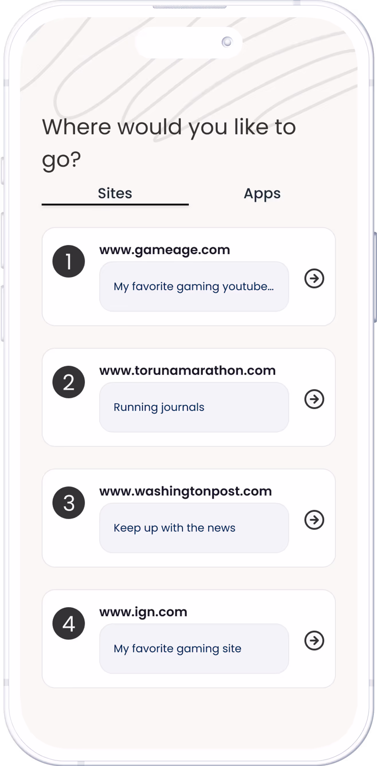 Mockup of app showing redirection options screen.