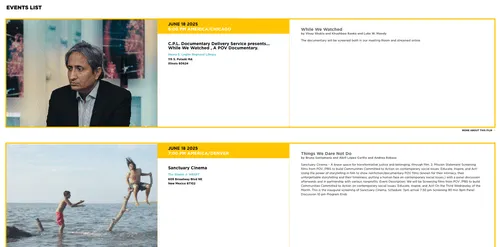 A screenshot of the list of POV film screenings on the POV Community Network site