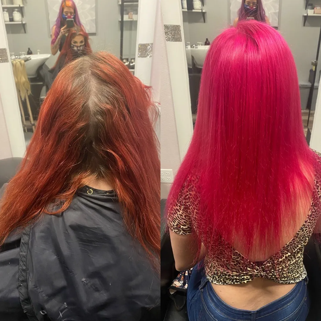 Before and after vivid color, faded copper to bright pink
