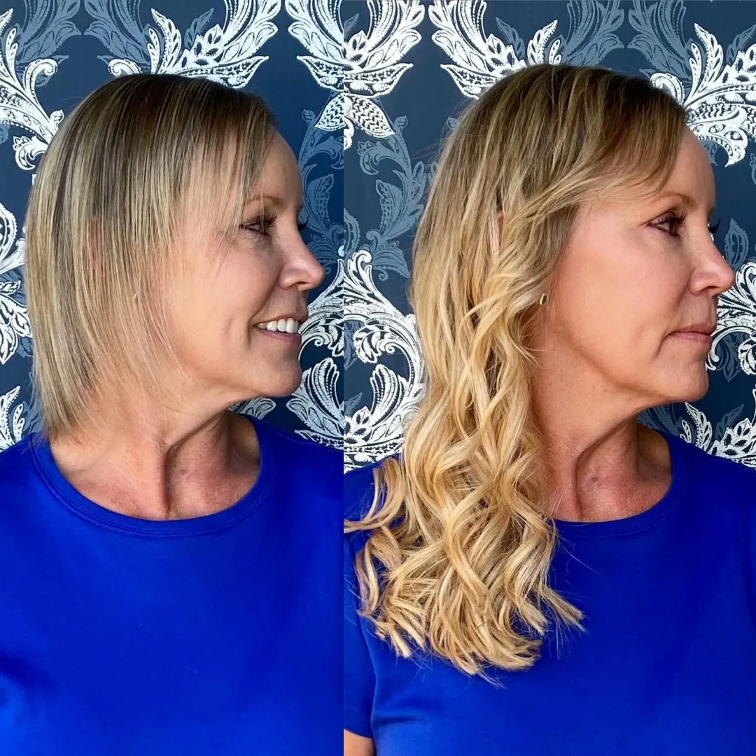 Before and after K-tip extensions, blonde bob to long waves