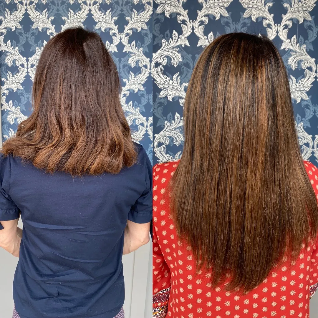 Before and after Great Lengths K-tip extensions on blonde hair