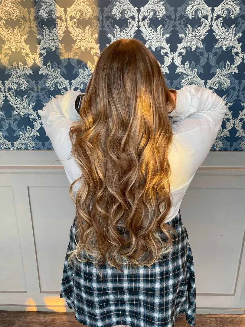 Long caramel blonde curls with K-tip extensions by Jo Hearts Hair