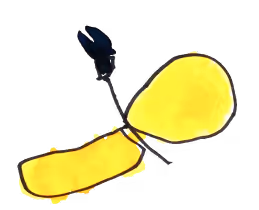 Yellow butterfly with black body drawn in simple cartoon style