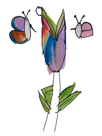 Whimsical watercolor flower with colorful butterflies on delicate stems
