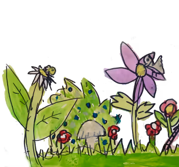Whimsical garden scene with colorful flowers, leaves, and cute insects