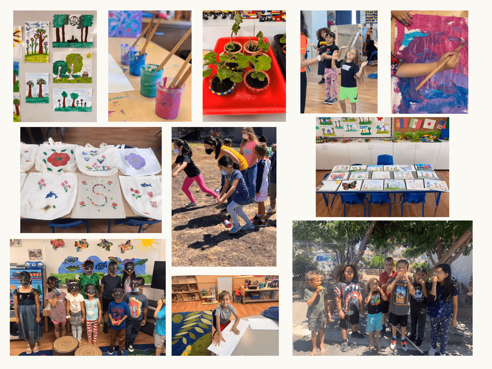 Children engaged in creative art, gardening, and learning activities