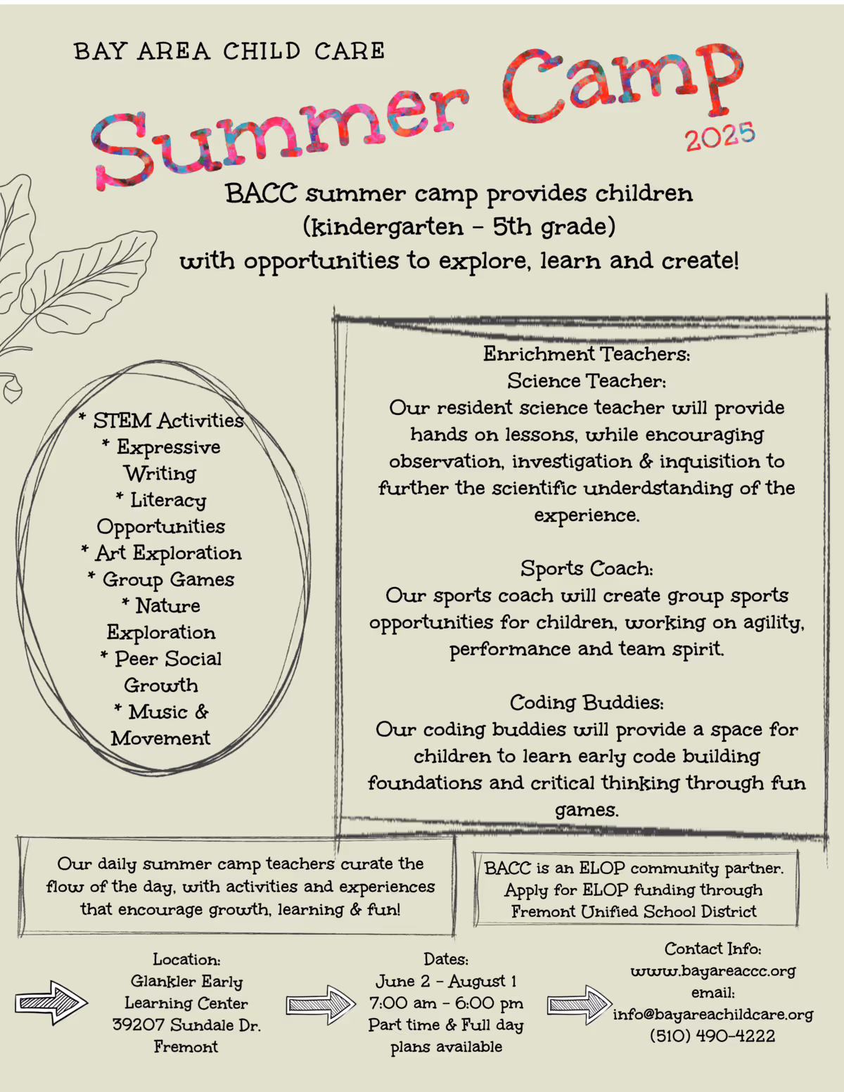 Bay Area Child Care Summer Camp 2025 flyer with activities for K-5