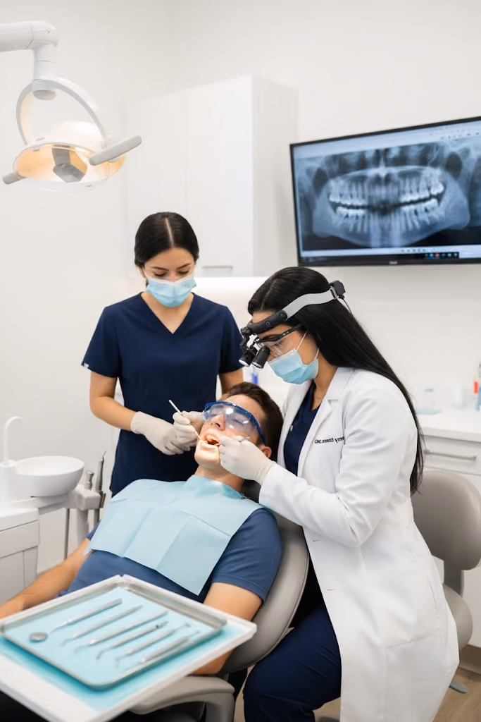 Dentist and assistant examining a patient's teeth in a dental treatment room