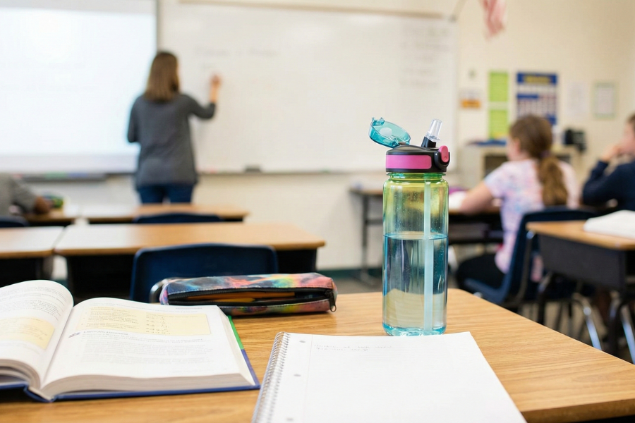 A reusable water bottle sitting on a student's desk in a busy classroom, highlighting water as the best drink choice to rinse away food particles and protect tooth enamel during the school day.