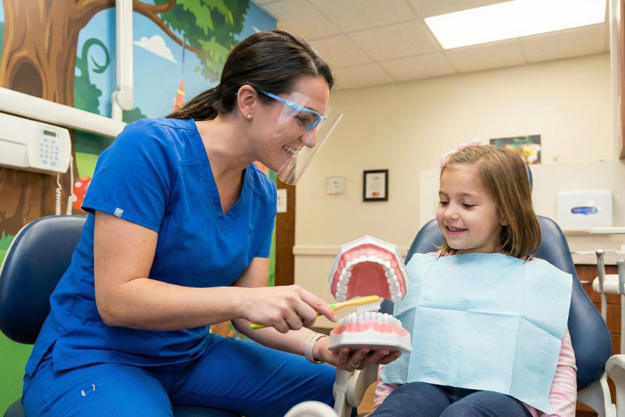 A friendly pediatric dentist demonstrating proper brushing techniques on a model to a smiling young patient during a checkup, reinforcing positive oral health habits and cavity prevention strategies.