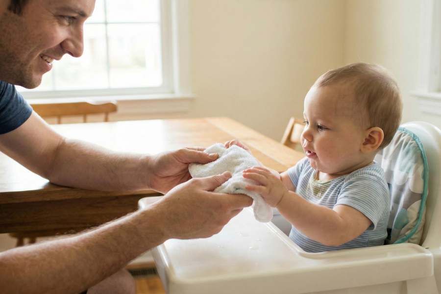 Father gently wiping baby’s mouth with a cloth while child sits in a high chair after feeding