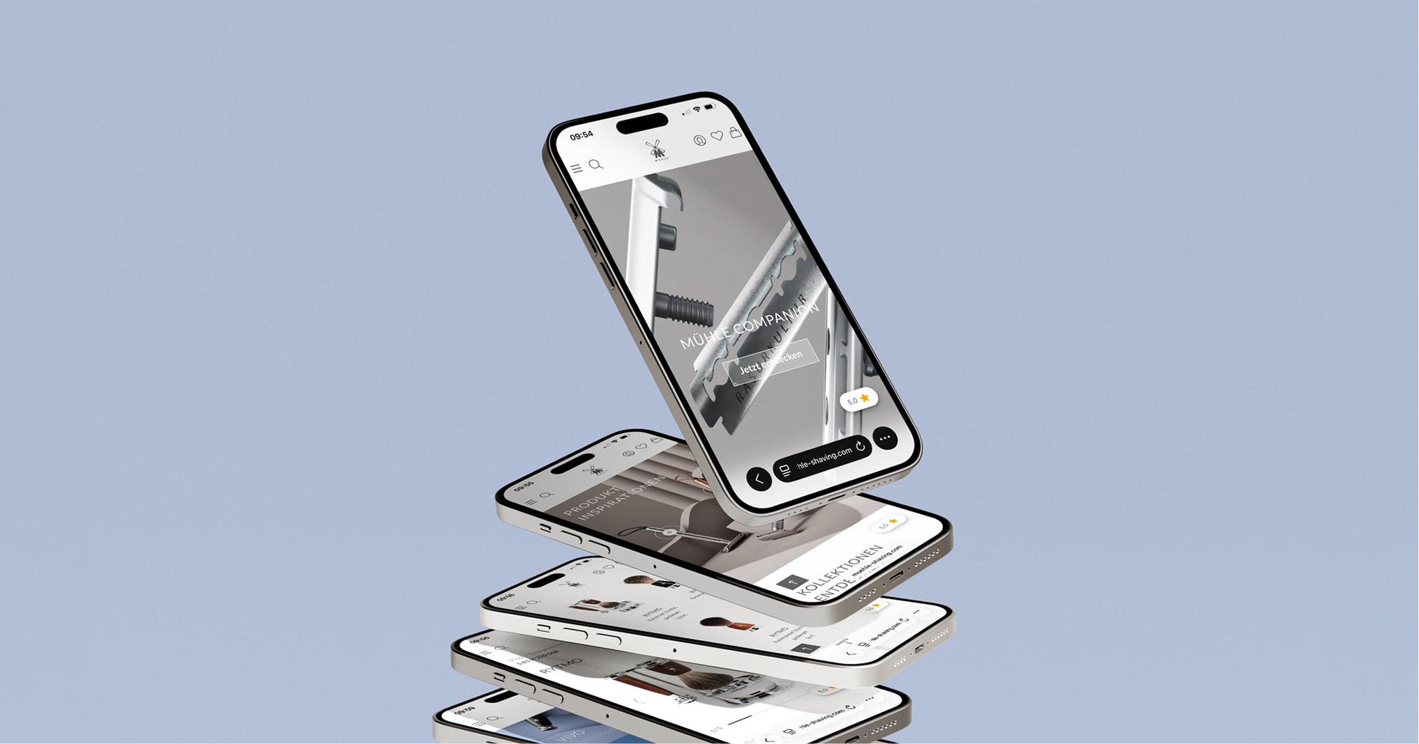 Fünf Handys liegen übereinander und zeigen Website.