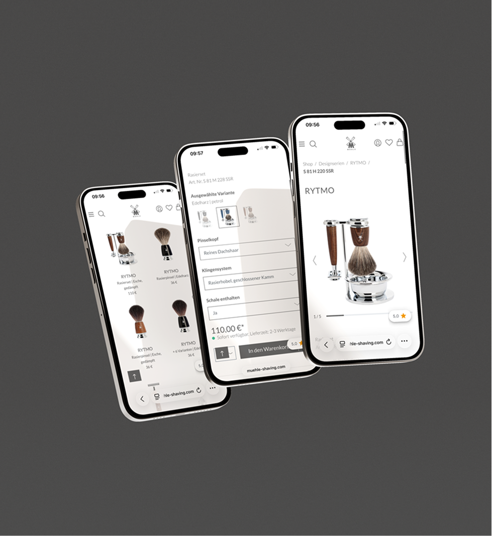 Drei Iphones überlappen sich und zeigen Website.