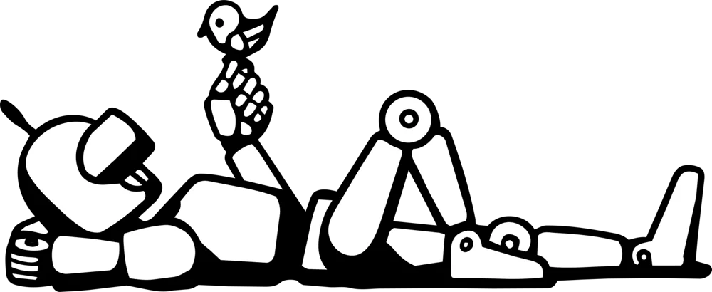 A robot lounging while the humans do the work