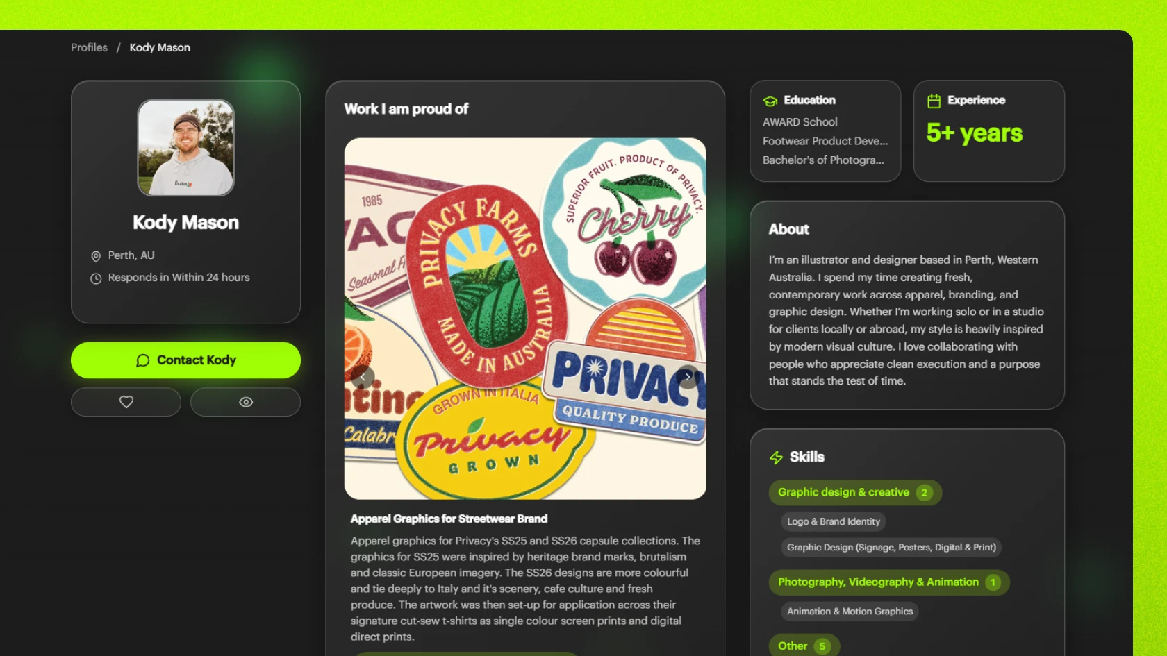 Custom freelancer portfolios Screenshot of a custom freelancer portfolio page on Unjumble, showing work samples and profile details.