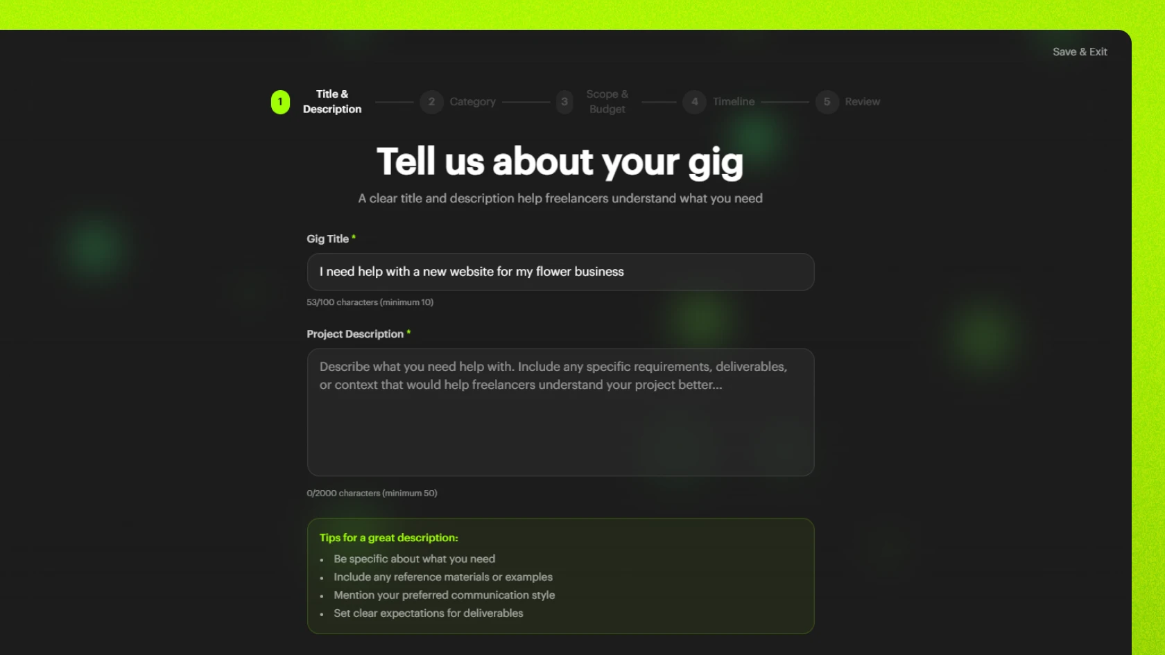  Five-minute gig posting Screenshot of the Unjumble gig posting form, designed to be completed by a business in under five minutes.
