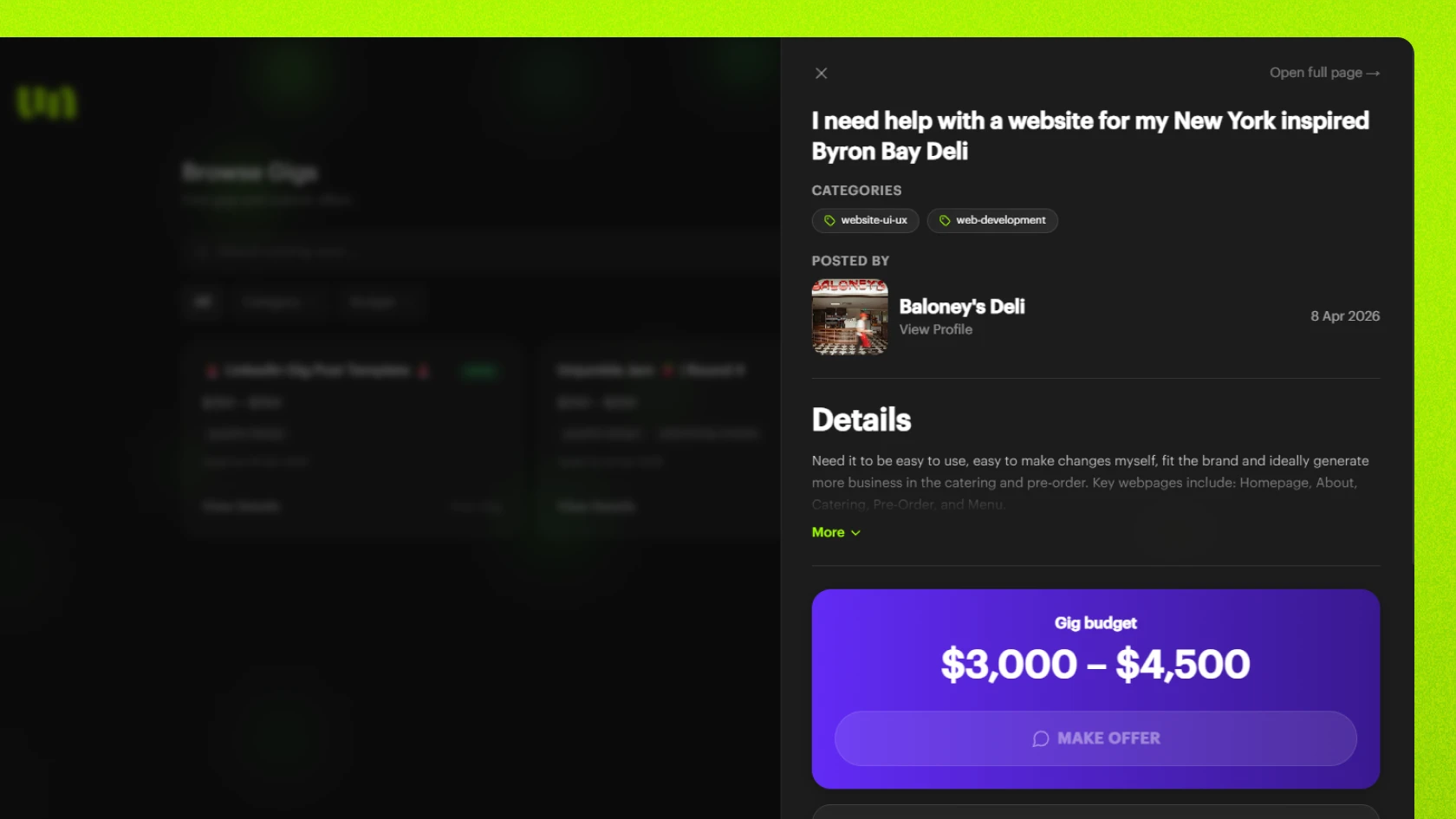 Browse gigs board Screenshot of the Unjumble browse gigs board, showing open gigs available to freelancers.