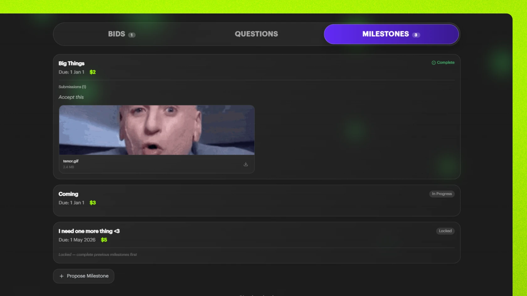 Milestone flow Screenshot of the Unjumble milestone approval flow between a business and a freelancer.