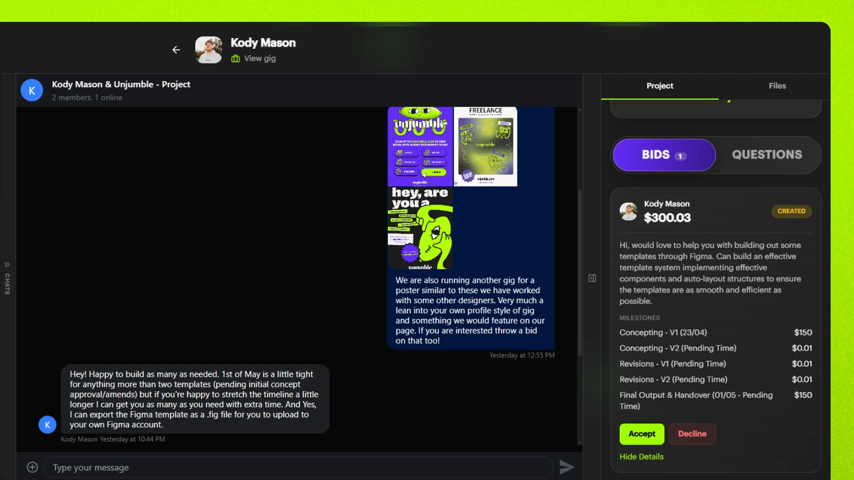 Workspace and chat with file upload Screenshot of the Unjumble project workspace showing the chat thread and file upload feature.