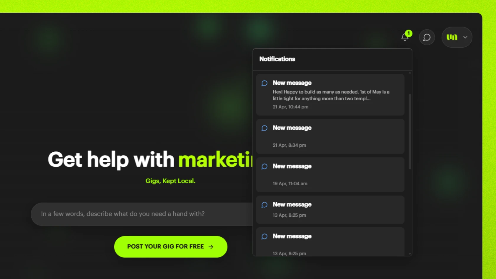  In-platform notifications Screenshot of Unjumble's in-platform notifications showing new messages and milestone updates.