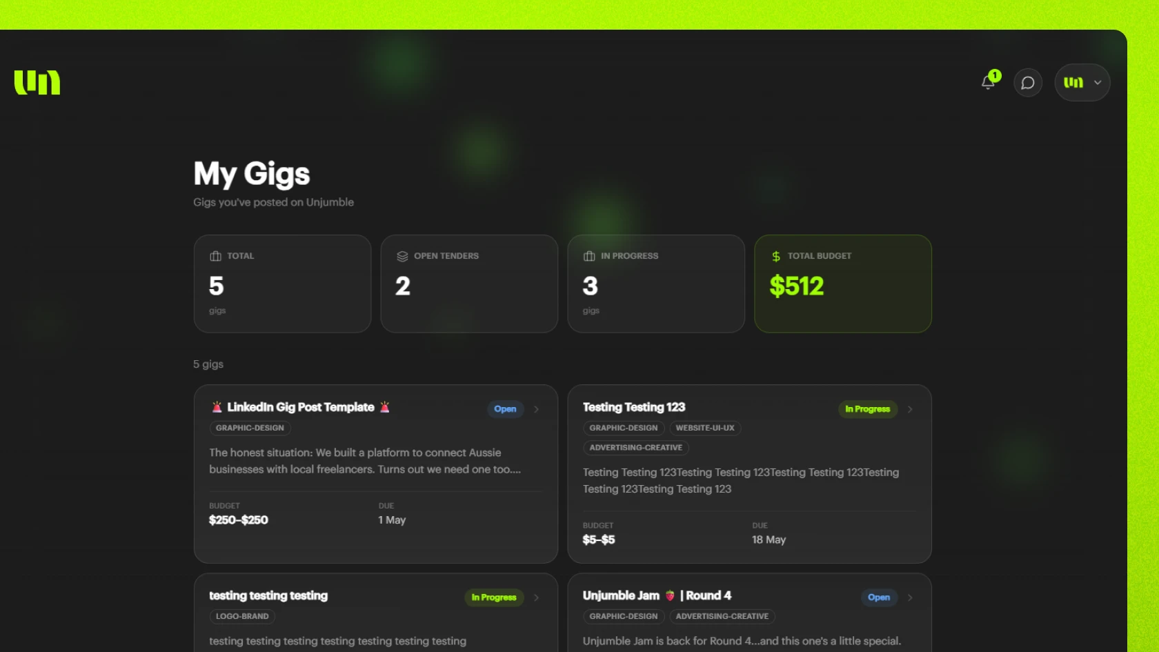 Business and freelancer dashboard Screenshot of the Unjumble dashboard views for businesses and freelancers side by side.