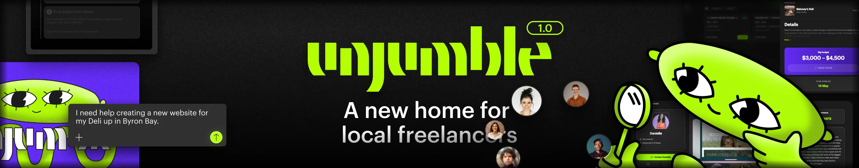 Hero image — new home for local freelancers Unjumble homepage hero graphic with the tagline "A new home for Australian freelancers."