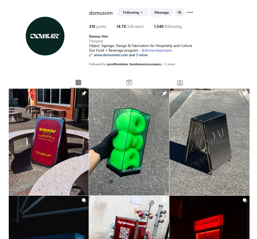 Screenshot of desgined @domusvim 's instagram page showcasing a bunch of beautifully crafted and creative core physical business signage for a variety of small businesses.