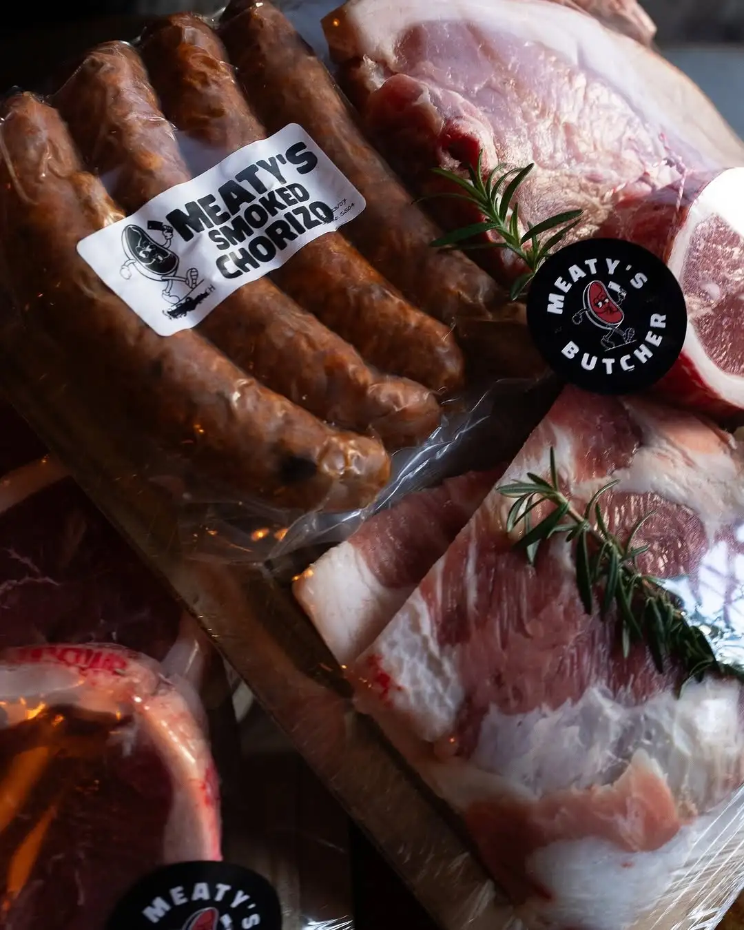 Product packaging from Meaty’s Butcher in Stanmore, Sydney, Australia, featuring a cartoon steak character as the brand mascot.