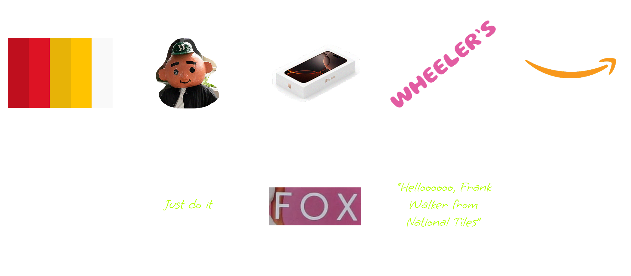 Examples of distinctive brand assets shown side by side: logos, colours, shapes, packaging, characters, typefaces, slogans, and sonic devices