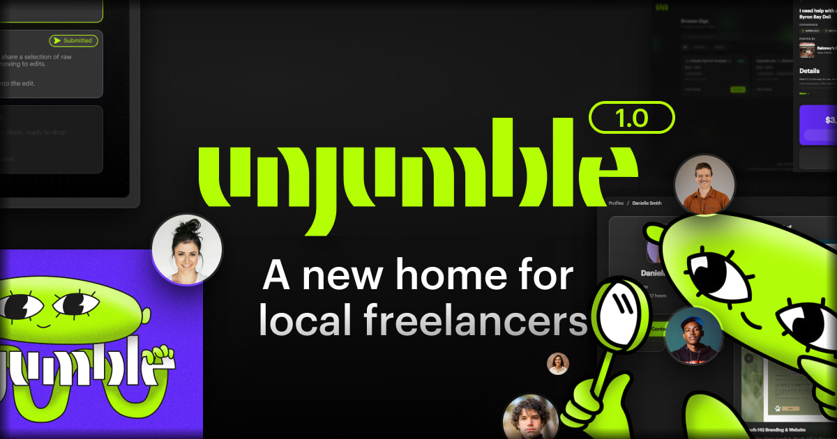 Unjumble 1.0 product hero in dark mode with the Unjumble lime-green accent