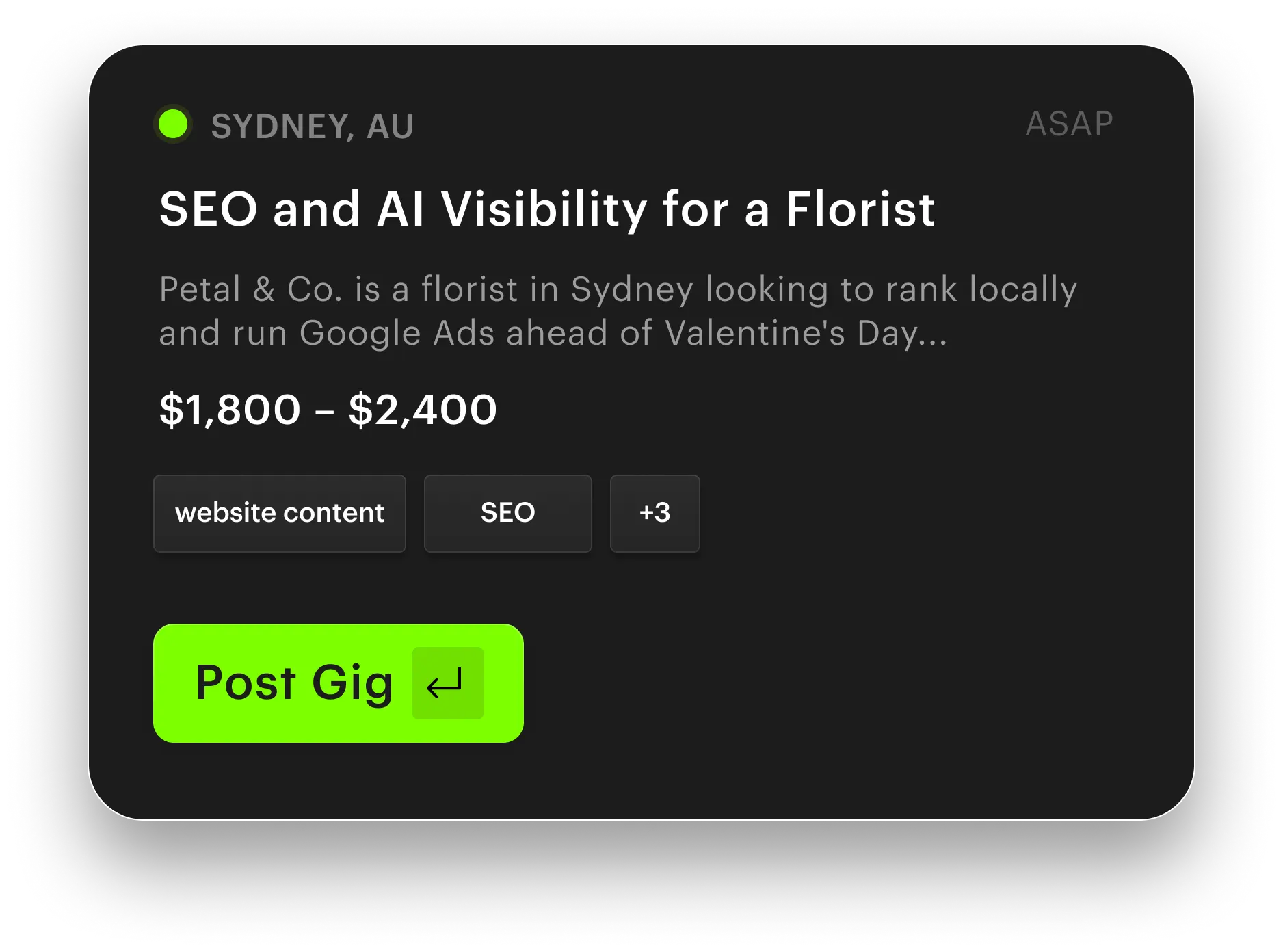 Example gig card on Unjumble for an SEO and AI visibility project posted by a Sydney florist, showing a local business connecting with a marketing freelancer.