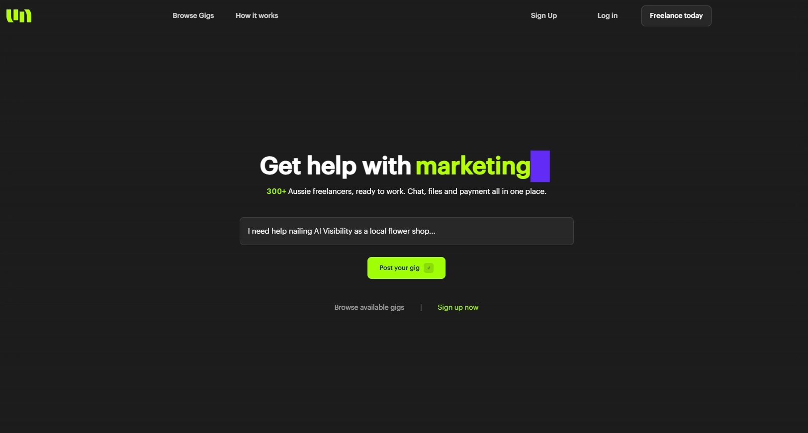 Unjumble homepage hero "Get help with strategy" with a search-bar gig entry and the example query "I need help nailing AI Visibility as a local flower shop".