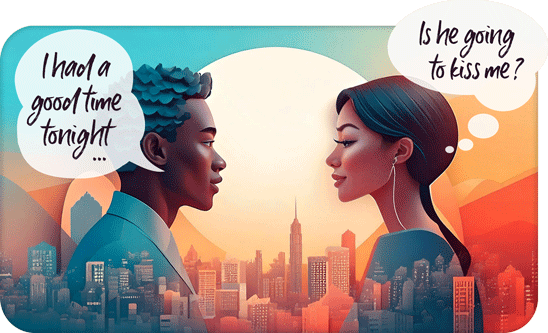 Film scene with speech bubbles in English