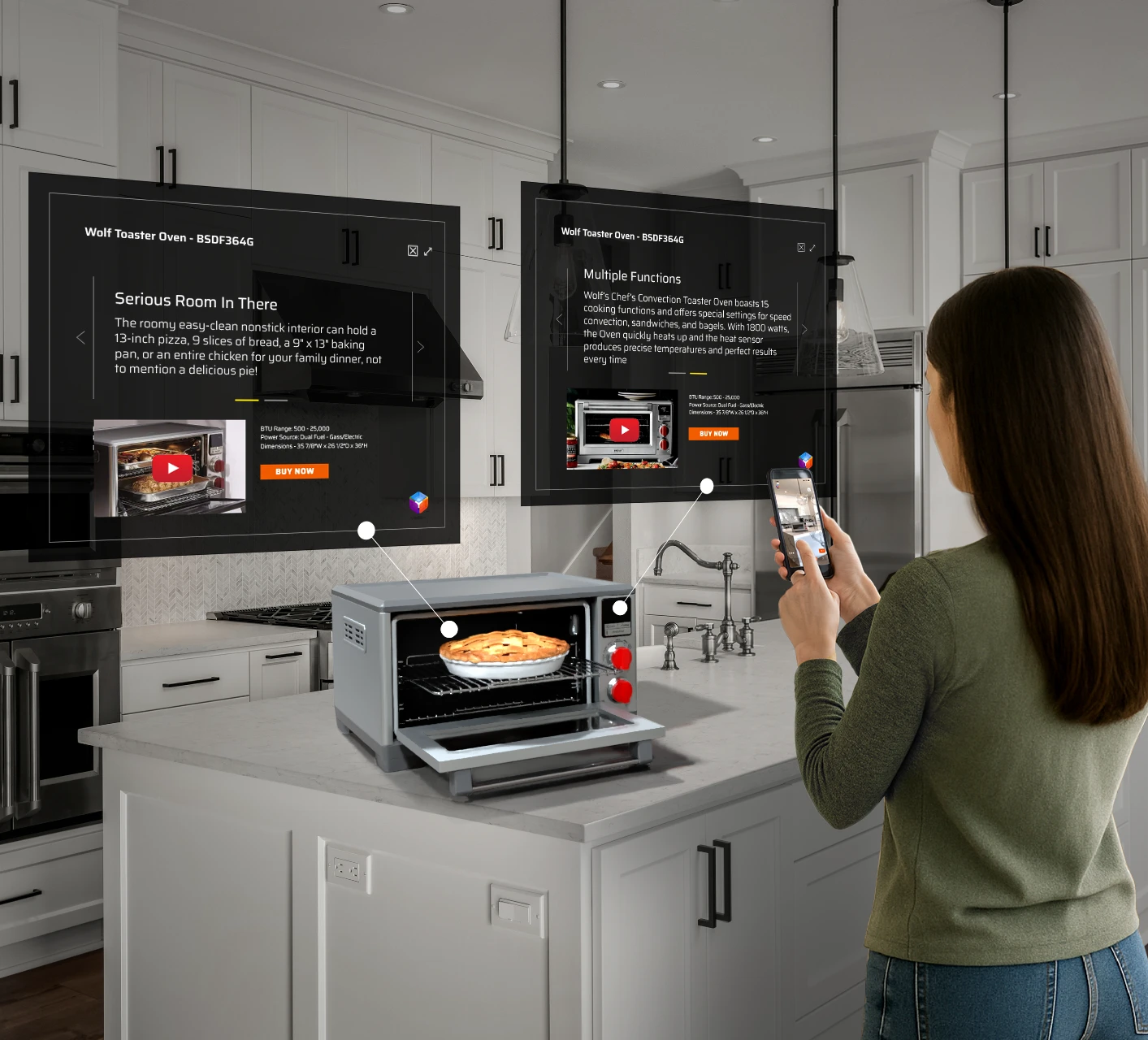 Kitchen scene with a AR projected toaster oven, with information panels and an apple pie on the rack.