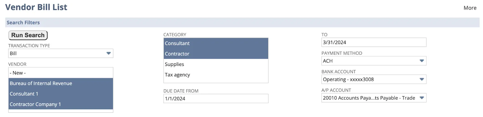 Bill Payment Search Filter Tab