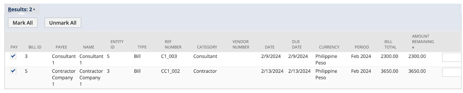 Bill Payment Results