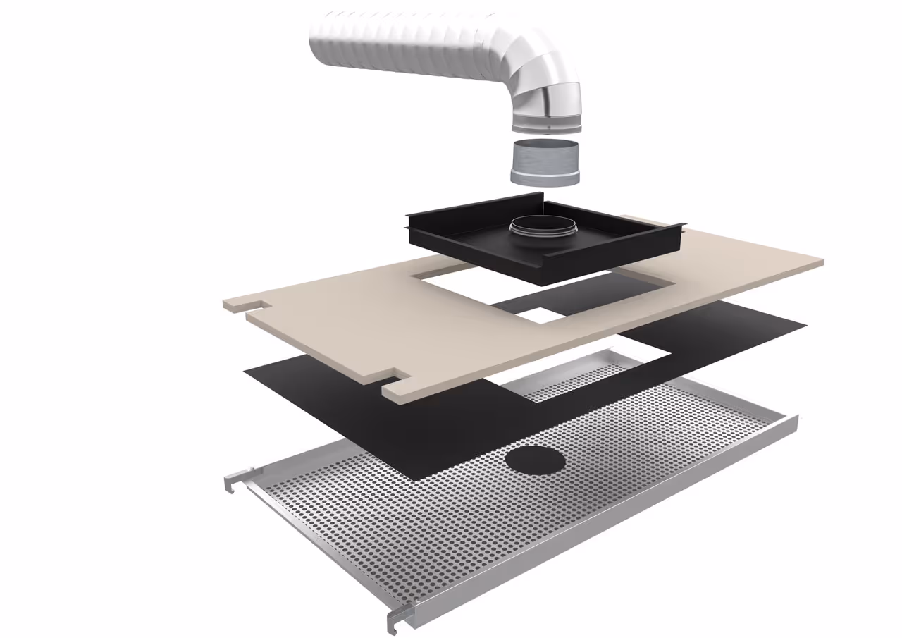 Der Breeze-Luftauslass lässt sich flexibel in alle gängigen Systemdeckentypen integrieren – einschließlich Bandrasterdecken mit zusätzlicher Längsschallauflage.
