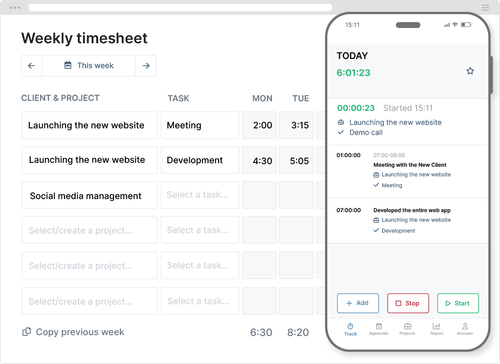 Weekly timesheet and stopwatch time tracking
