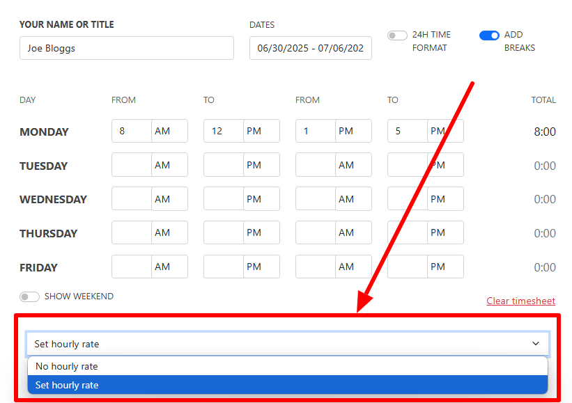 how to set hourly rate in a time card calculator
