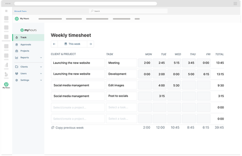 Free Timesheet for Microsoft Teams | My Hours