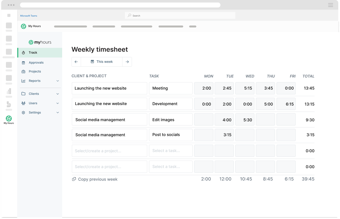 Weekly timesheet and stopwatch time tracking
