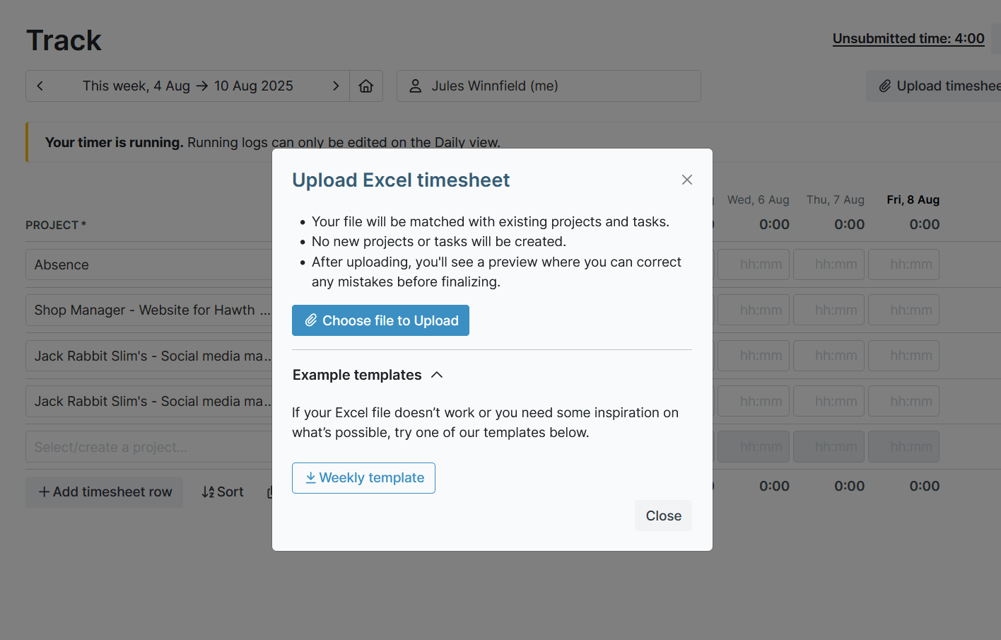 Import data to My Hours with Excel