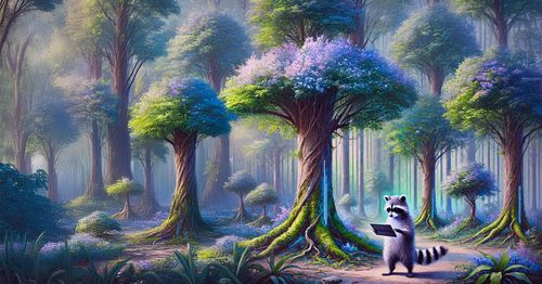 A raccoon standing on a forest path, holding a tablet, tracking time.