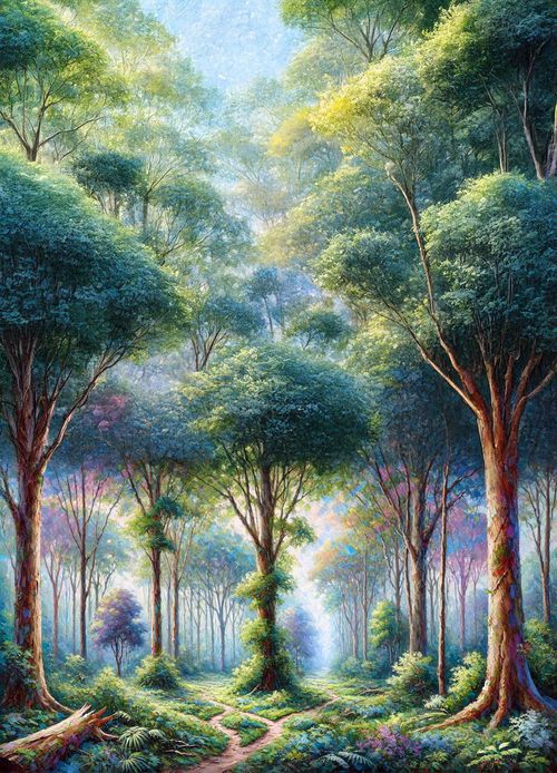Sunlit forest with tall trees, lush green foliage, and a diverging dirt path in the foreground.