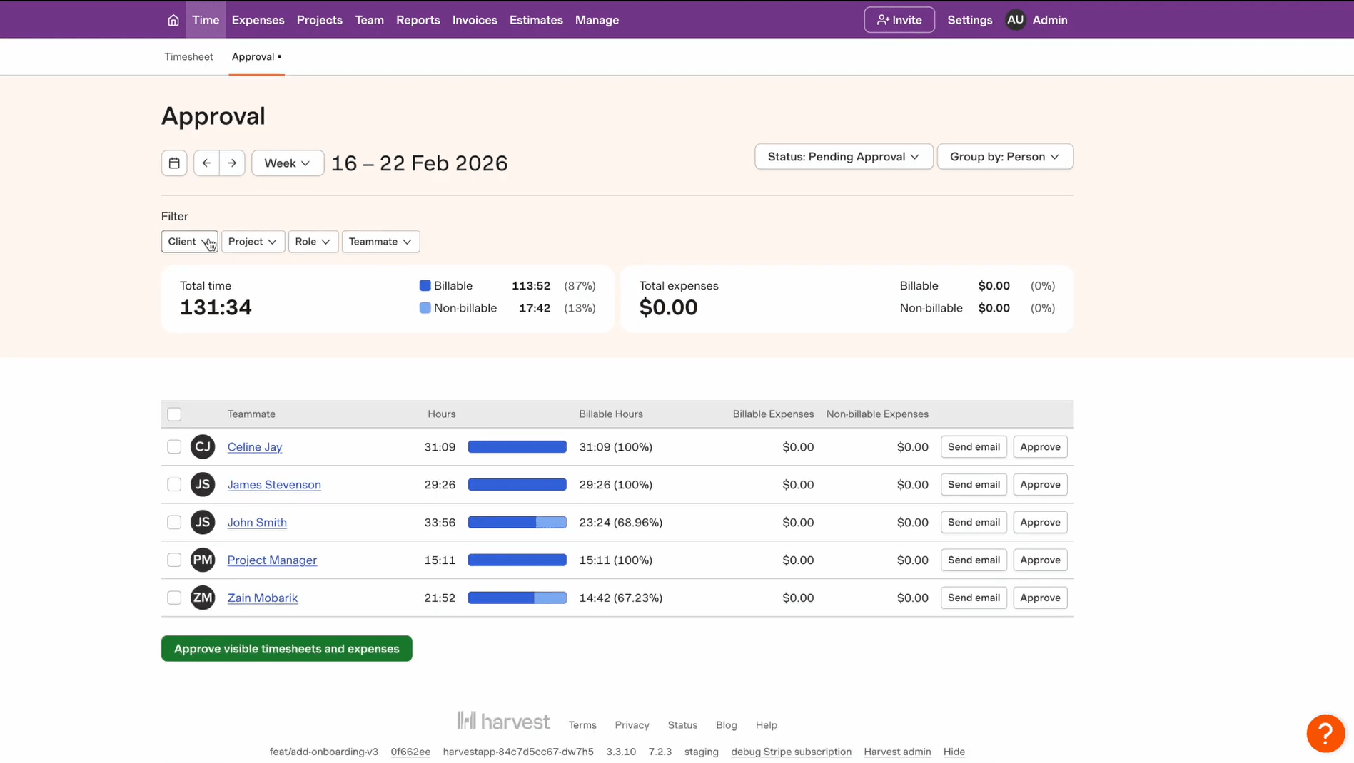Harvest timesheet approval dashboard